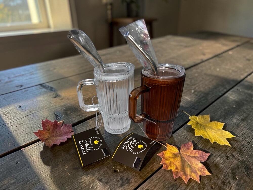 Set of 2 Miniature Ribbed Glass Mugs With Straw Handles Clear And Amber 3.3 oz